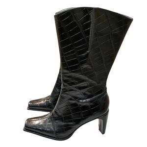 Antonio Melani Croc Embossed Leather Boots 7.5M Black Mid Calf Heeled Square Toe
